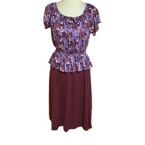 Vintage 70s floral purple peplum polyester knee length dress